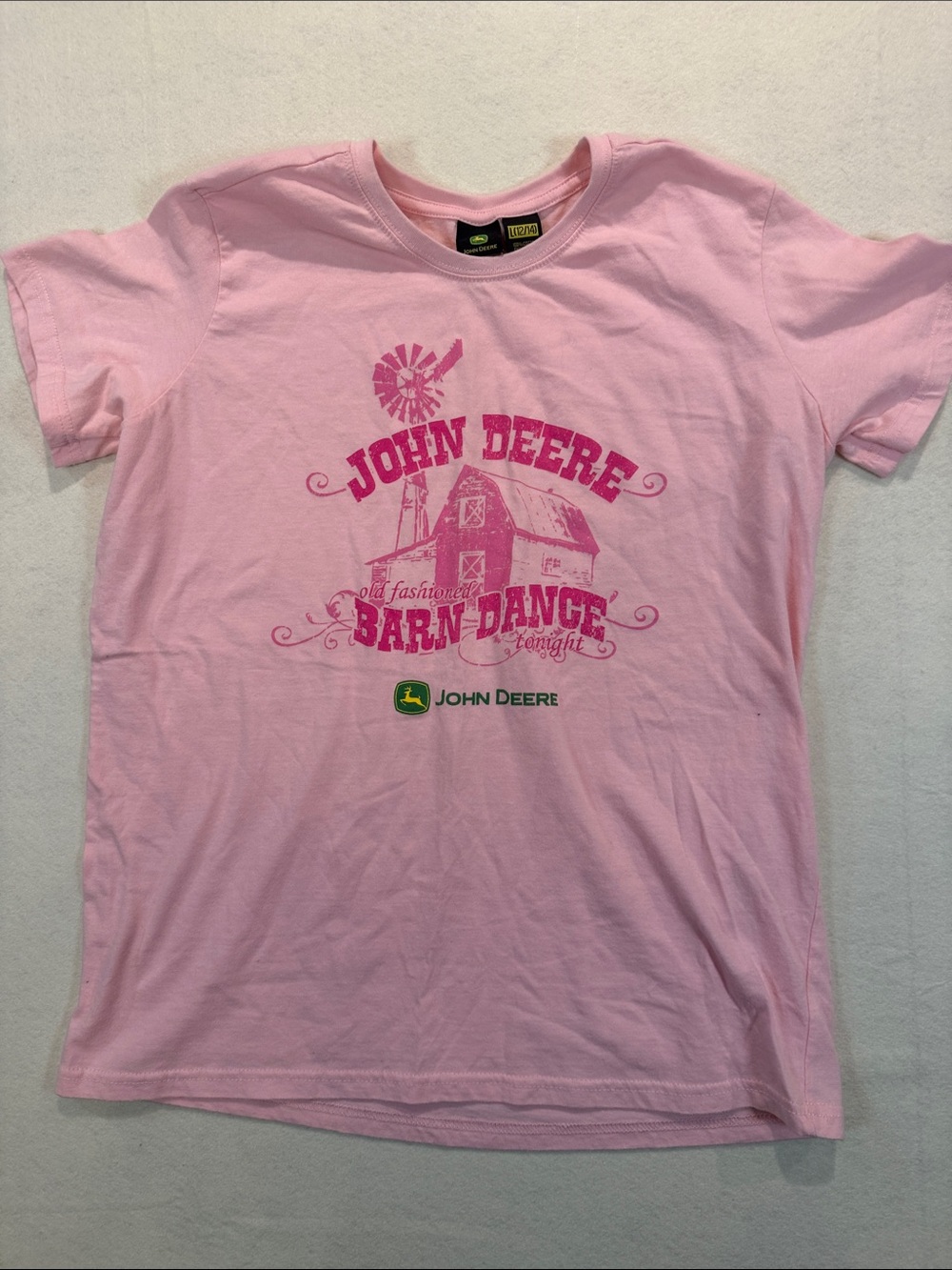 John Deere Pink Short Sleeve Tee with Barn Dance Graphic Sz 12/14 WW